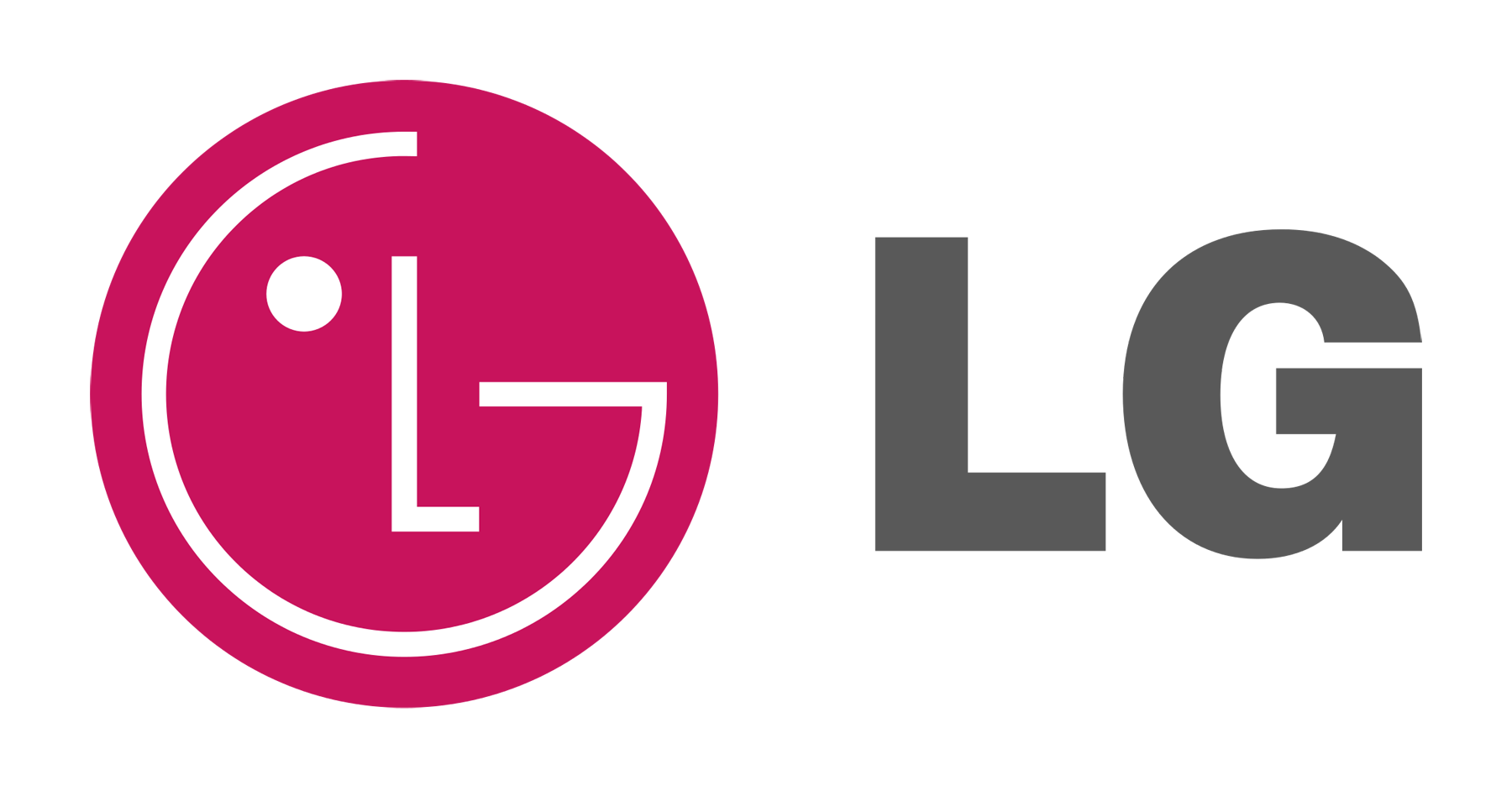 LG logó: bal oldalon rózsaszín kör fehér LG betűkkel, amely mosolygó arcot formál, jobb oldalon fekete színű vastag LG felirat, átlátszó háttéren.