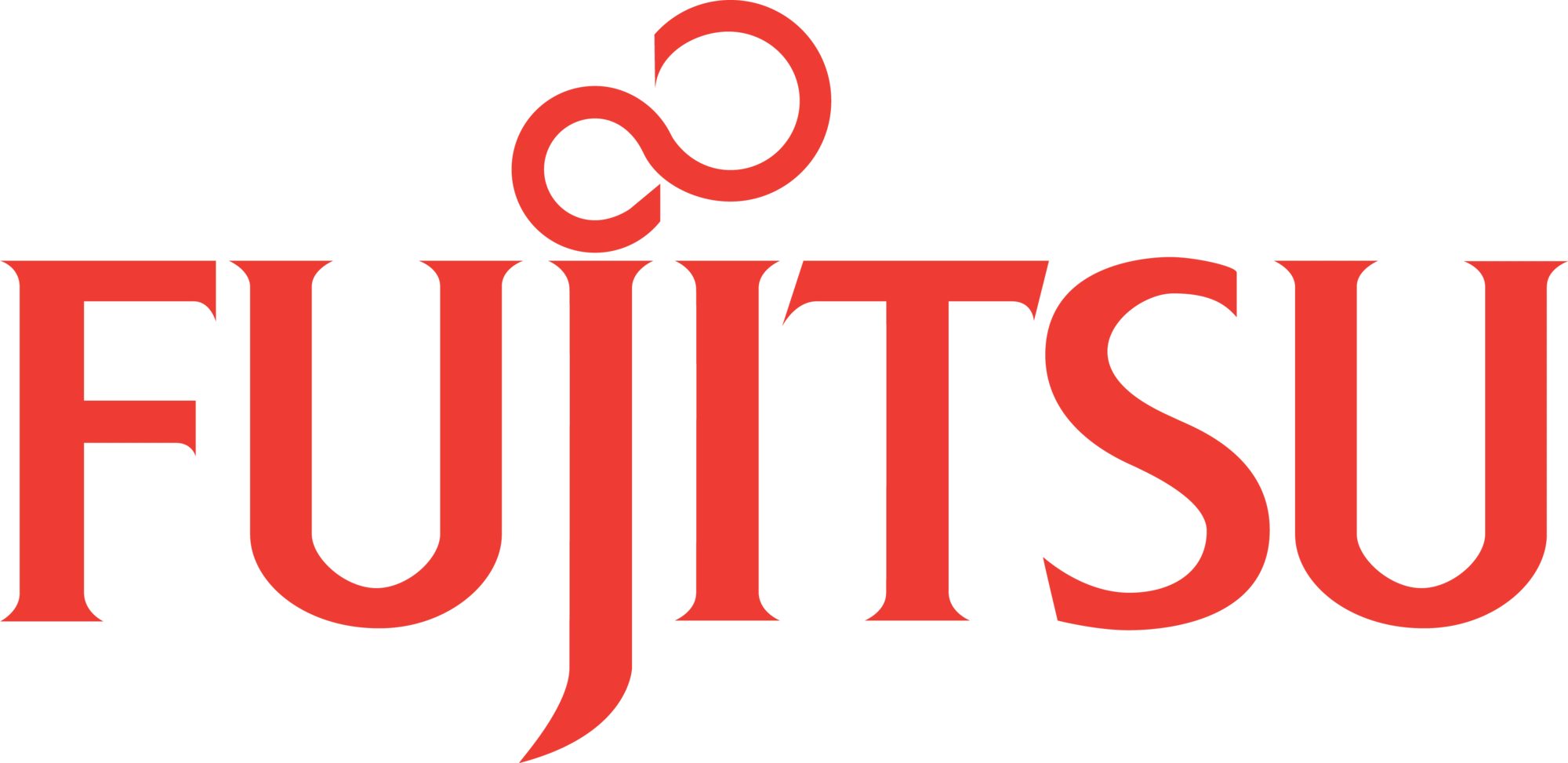 Fujitsu logó piros színben, elegáns betűtípussal, a J és I betűk felett végtelen szimbólum-szerű ívvel, átlátszó háttéren.