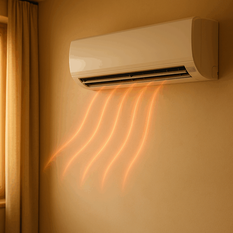 Klímaszerelés Miskolcon – fűtés klímával modern nappaliban, meleg levegőt befújó beltéri egységgel