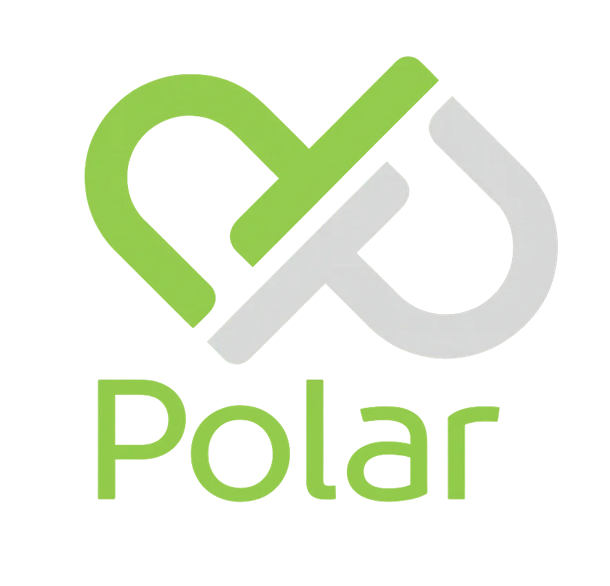 Polar logó zöld és szürke, egymásba kapcsolódó P betűkkel a 'Polar' szó felett zöld színben, átlátszó háttéren