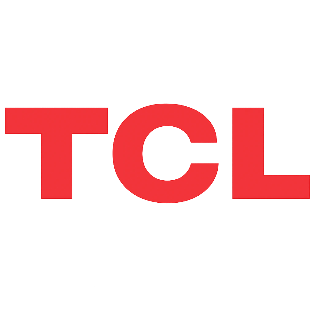 TCL logó piros színben, vastag nagybetűkkel, átlátszó háttéren.