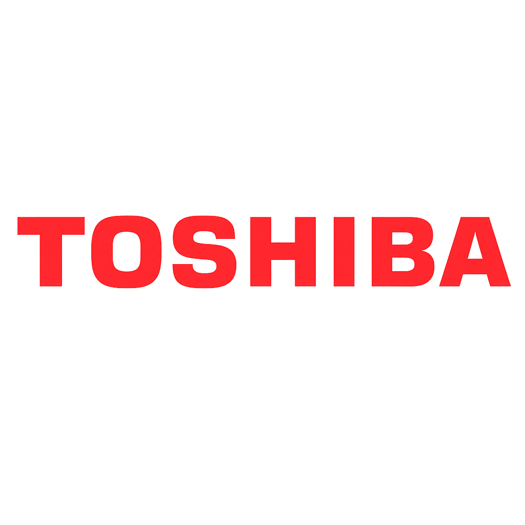 Toshiba logó piros színben, vastag nagybetűkkel, átlátszó háttéren.
