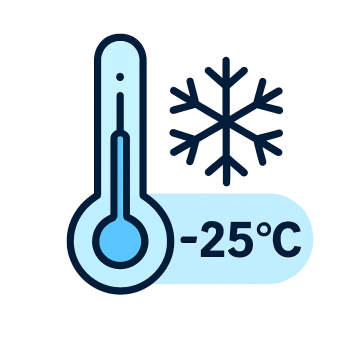 thermometerHVAC Klíma megbízható működése -25 °C-ig, hópehely és hőmérő ikon világoskék háttérrel